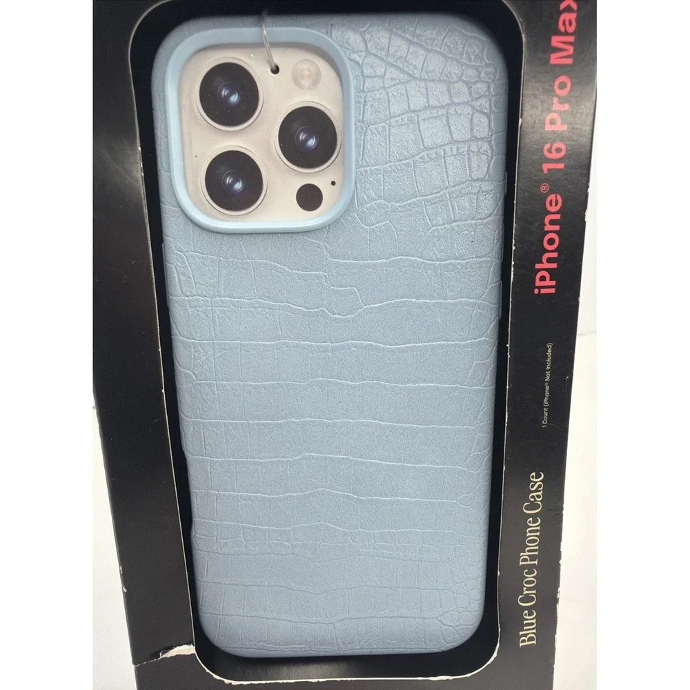 Hello Lux Blue Croc Faux Leather Phone Case for iPhone 16 Pro Max Dual Layer